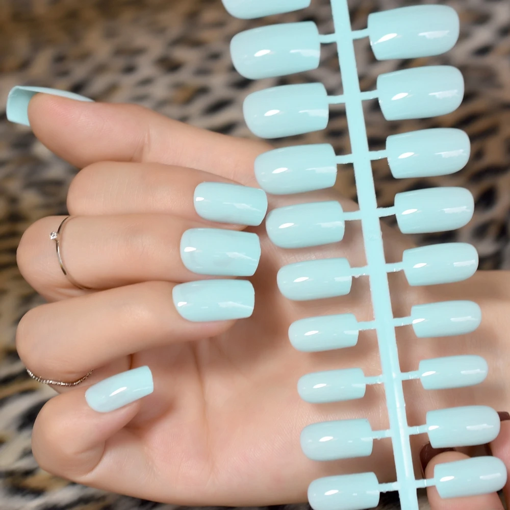 Light Green Fake Nails Gel Square Candy Color False Nails Faux Ongles Finger Tips Stickers For Salon Nail Art False Nails Aliexpress