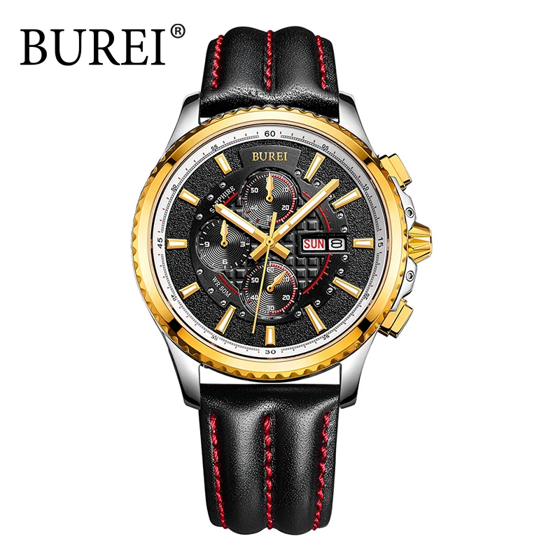 BUREI Men Watch Genuine Leather Strap Sapphire Mirror Quartz Waterproof Wristwatch Chronograph Analog Male Watches Montre Homme