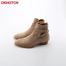 OKHOTCN/роскошные мужские ботинки из натуральной замши ручной работы в винтажном стиле; классические мужские ботинки «Челси» с ремешком и пряжкой на щиколотке