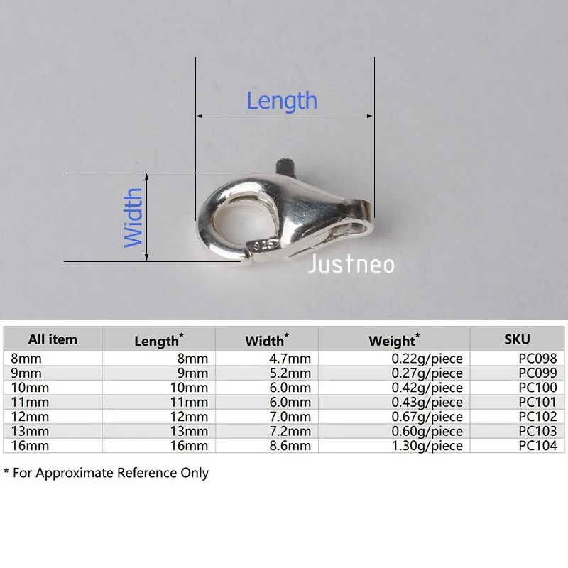 DIY Pure Sterling S925 Silver Hook Lobster Claw Clasp 8mm 10mm 12mm 14mm 16mm 