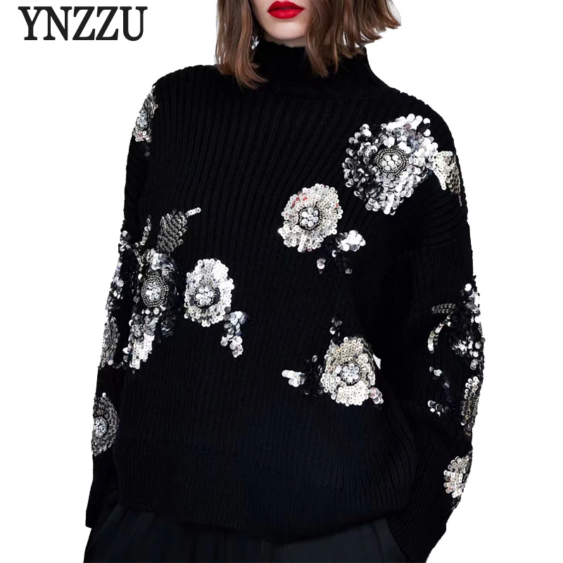 

YNZZ New Winter Sequins Turtleneck Warm Women's Sweater Long Sleeve Knitted Pullovers Jumper Christmas Sweater Women YT495