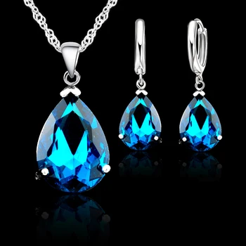 

9Colors Fashion Wedding Bridal Jewelry Sets Women 925 Sterling Silver Water Drop Crystal Pendant Necklaces Earrings Sets