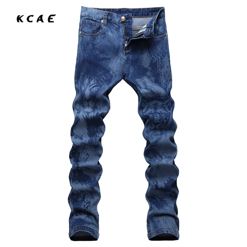 

2017 New Men's Fashion Lion Print Jeans Casual Slim Fit Blue Fancy Painted Denim Pants Long Trousers