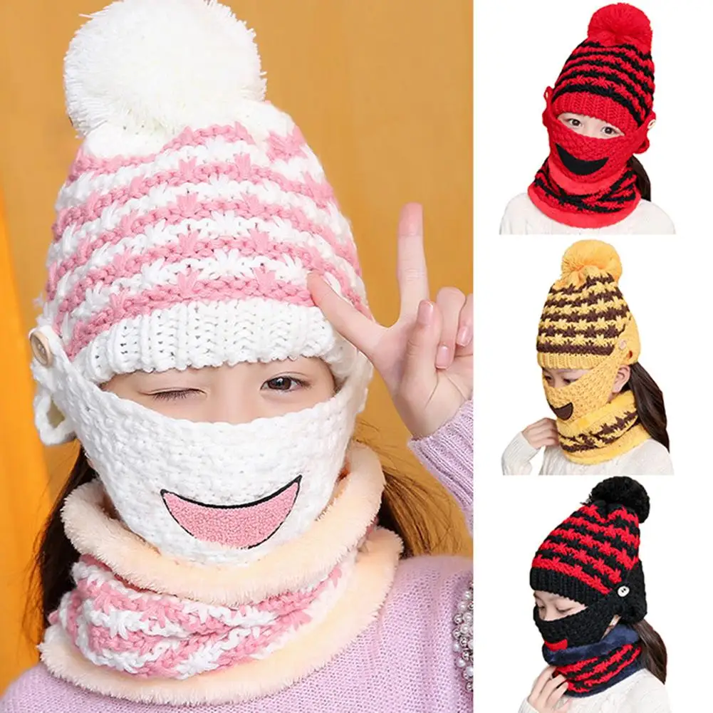 

Cute Laugh Mouth Kids Girls Winter Warm Knitted Plush Beanie Hat Mask Scarf Set