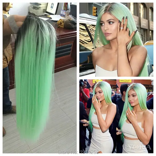 Kylie Jenner Ombre Mint Green Long Straight Synthetic Lace Front Wig