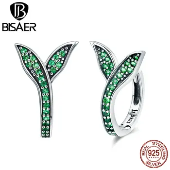

Bisaer Spring Collection 100% 925 Sterling Silver Green CZ Flower Buds Clip Circle Earrings for Women Fashion Jewelry Gift