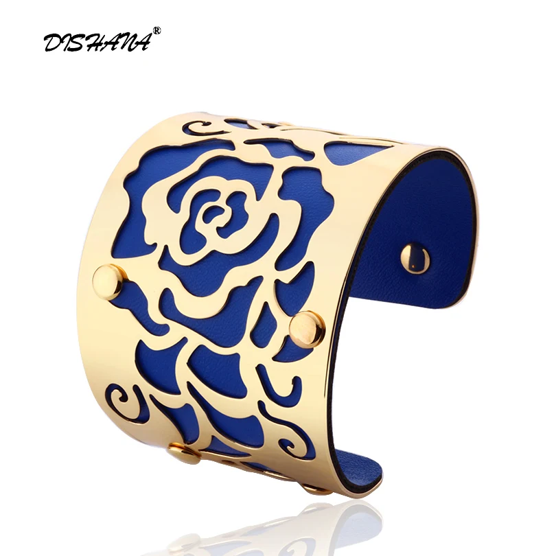 

Gold-color Cuff Bracelets H The Rose Flowers Bangles For Women Femme Jewelry Wide leather Bracelet Bangles S0001