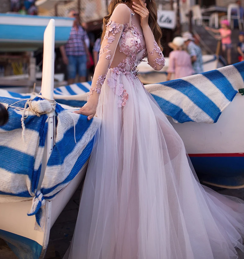 Ssyfashion Новое высококлассное вечернее платье, для банкета класса люкс, с кружевными аппликациями, Бисер 3/4 рукава Розовый Lllusion торжественное платье для выпускного вечера