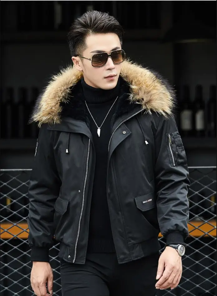 Новая зимняя мужская куртка со съемной подкладкой из кроличьего меха с капюшоном, Черное короткое мужское зимнее пальто с воротником из меха енота, мужские меховые куртки