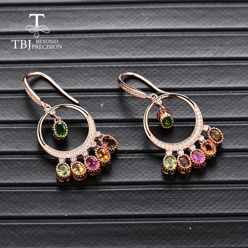 TBJ,High quality natural multi-color tourmaline 925 sterling silver hook earring for girl birthday party or daily wear nice gift