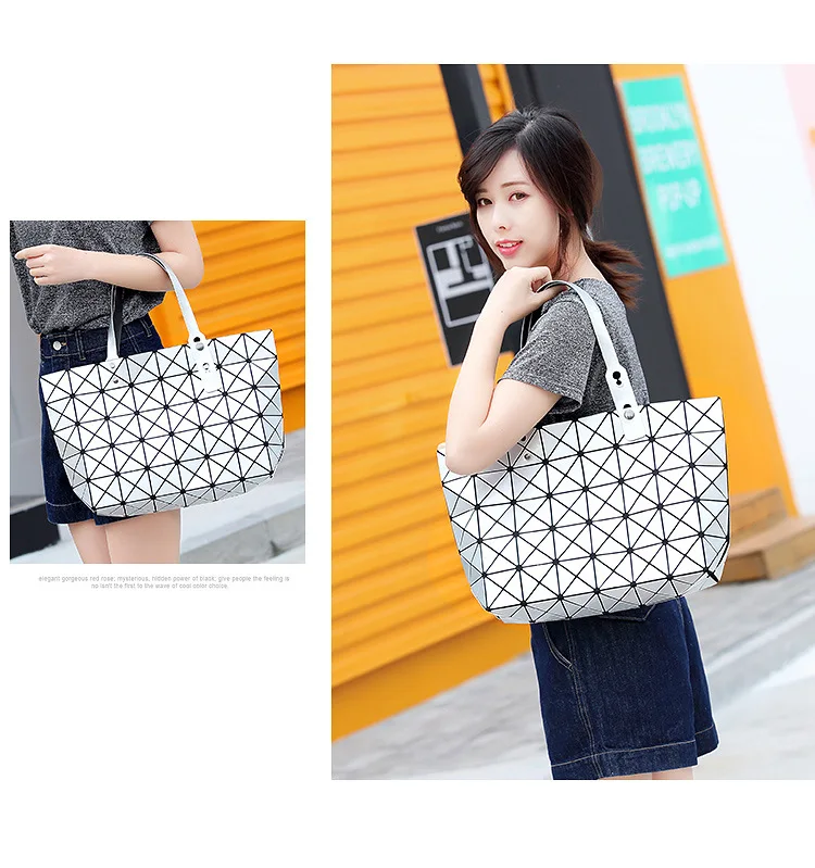 ZYJ Deformable Women Laser Geometry Quilted Plaid Pearlescent Handbag Shoulder Bags Casual Sequins Lattice Foldable Tote Bag (5)