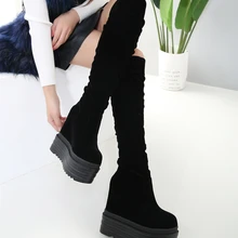 Сапоги до колена 14 см; женские осенние сапоги до бедра на высокой танкетке и платформе