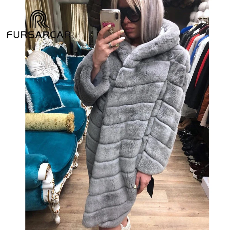 FURSARCAR Women Real Fur Coat 100 CM Long Winter Fashion New Rex Rabbit Fur Jacket With Fur Hood Thick Warm Rex Rabbit Fur Coat