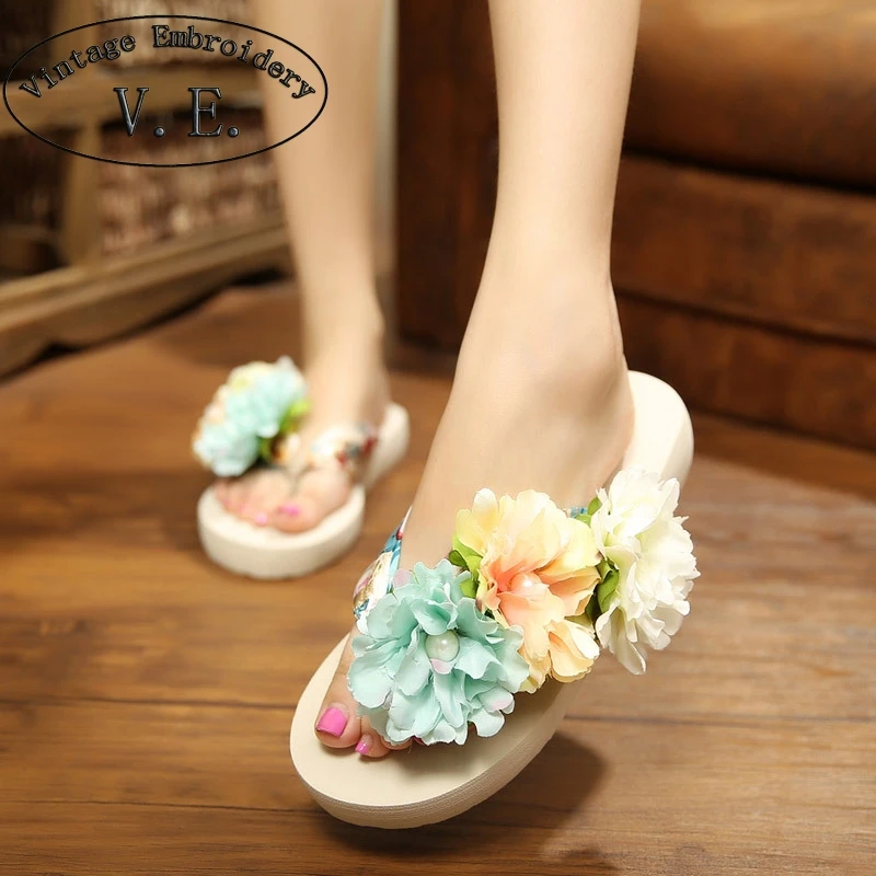 

Bohemia Flowers Woman Slippers Beach Flip Flops Shoes Summer Style Slides Slip- Resistant Slippers Platform Shoes Woman