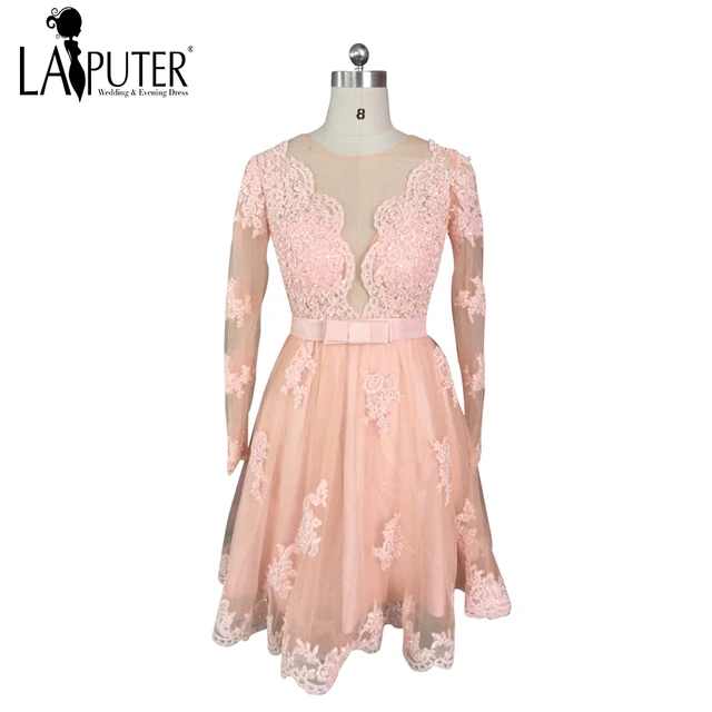 Custom Made Peach Pink Long Sleeves Lace Appliques Beading Short Knee