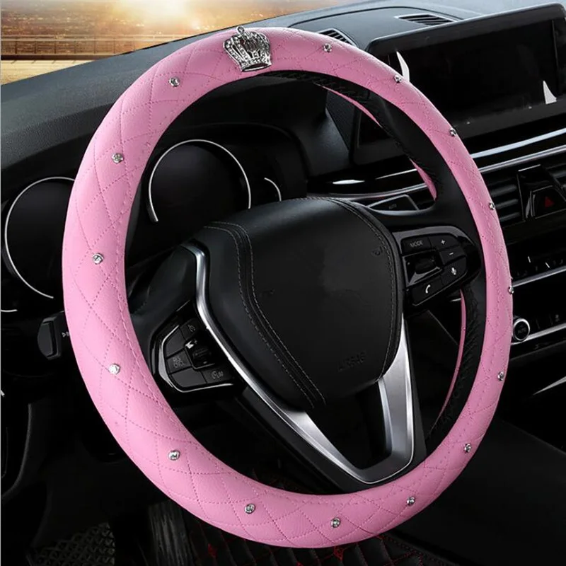 

Upscale Crystal Crown Coverd Women car steering- wheel braid Luxurious Diamond PU leather steering wheel Cover diameter 38 CM