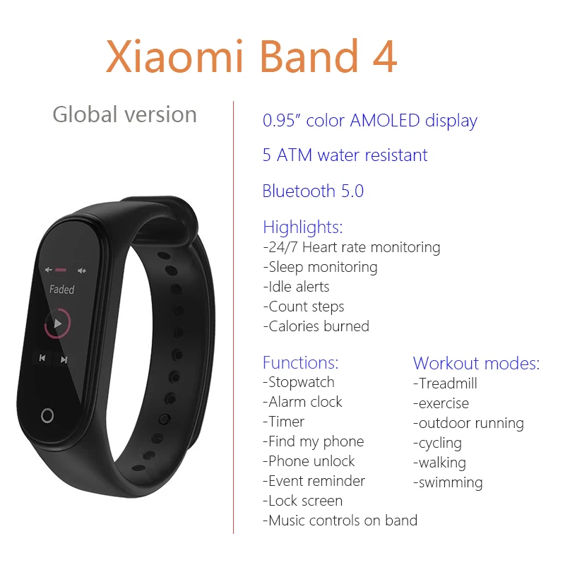 Глобальная версия, Xiaomi mi, 4 банда4, браслет, трекер, mi band 4, умный браслет, браслет, цветной AMOLED экран, пульсометр