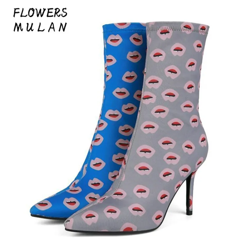 

New Winter Fashion Show Women Ankle Boots Chic Printing Red Lips Sock Boots Elegant Pointed Toe High Heels Stretch Fabric Boots