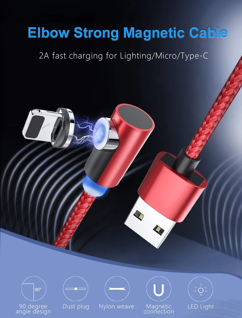 !ACCEZZ Elbow Magnetic USB Charging Cable Lighting For iPhone XS MAX XR Micro USB Type C For Xiaomi Samsung S9 S8 Magnet Cables (1)