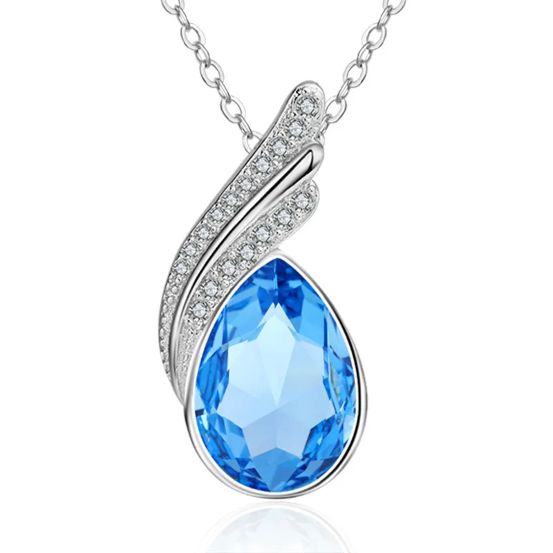 

100% 925 sterling silver fashion blue crystal ladies`pendant necklace women short link chain female gift drop shipping cheap