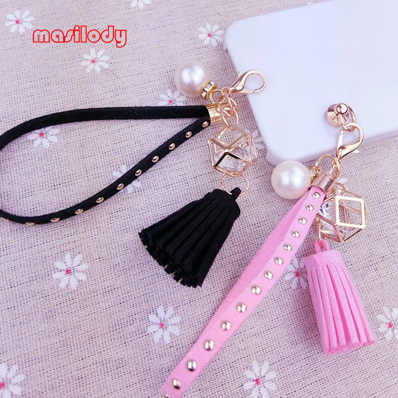 100pcs/Lot PU Leather Mobile Keychain Pearl Key Chain Tassel Phone Cell Keychains Lobster Clasp