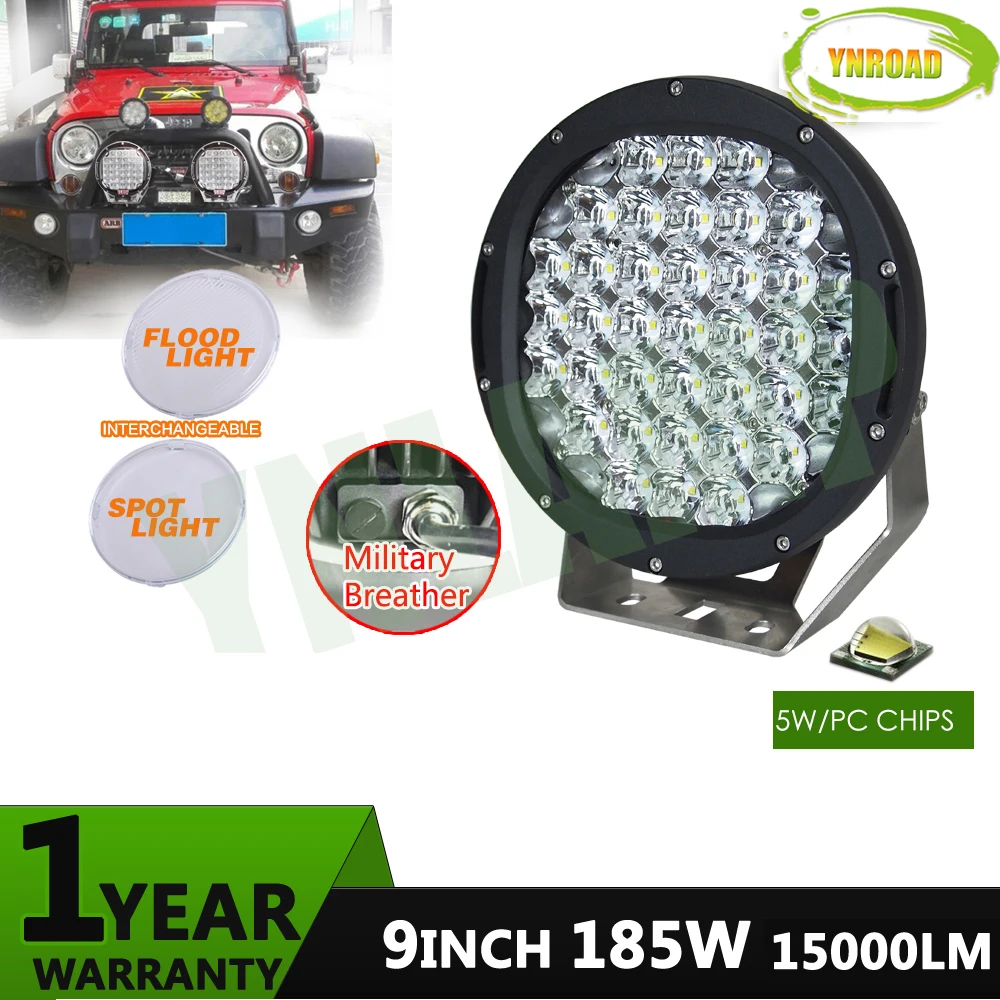 YNROAD 185w 9 palcové LED světlo černé vedené off road světlo LED pracovní světlo pro SUV, ATV, UTV použití 15000LM IP68