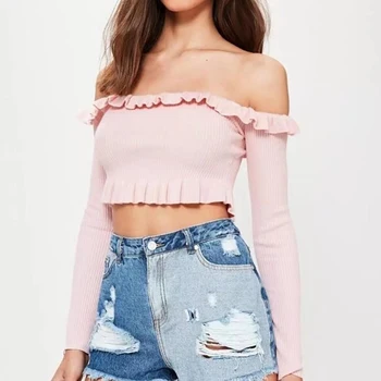 

European Style Women Slash Neck Women Knitted Women Solid Long Sleeve Top T-shirt Elegant Off Shoulder Ruffles Crop T-shirt