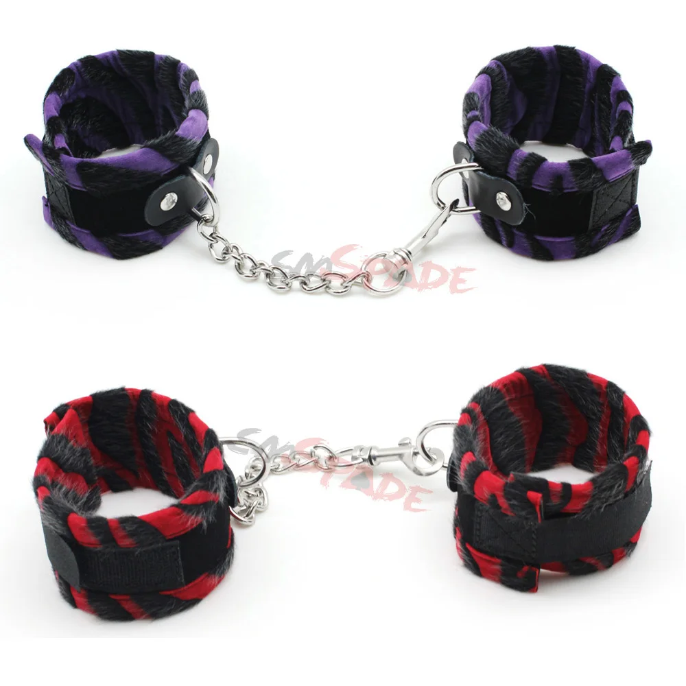 Purple&red velvet zebra stripe wrist cuffs, soft bondage handcuffs, sex