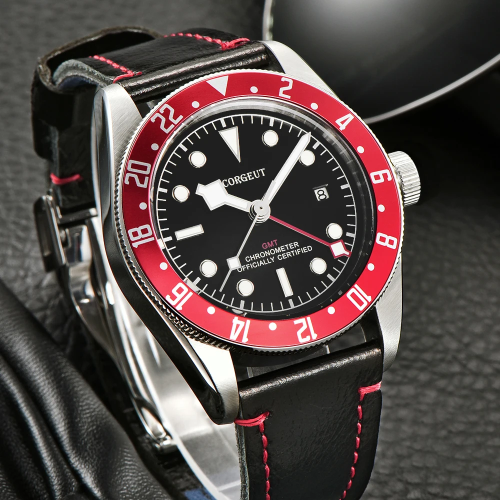 

Corgeut Mechanical Watch Luxury Brand Schwarz Bay GMT Men Automatic Military Sport Swim Clock Leather Mechanical Wrist Watches