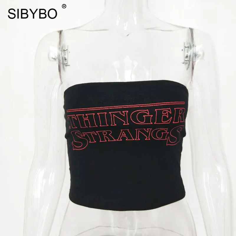 Sibybo, с буквенным принтом, без бретелек, сексуальные топы для женщин, с открытыми плечами, тонкие короткие летние топы для женщин, открытая спина, пляжный укороченный Топ для женщин - Цвет: Черный