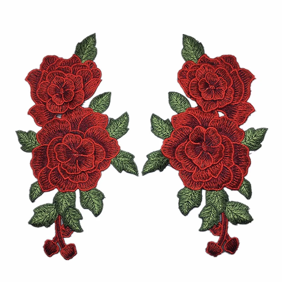 1 Pair 230*130mm New Red Rose Flower Embroidered Sew on Patch Clothes Jeans Fabric Sticker