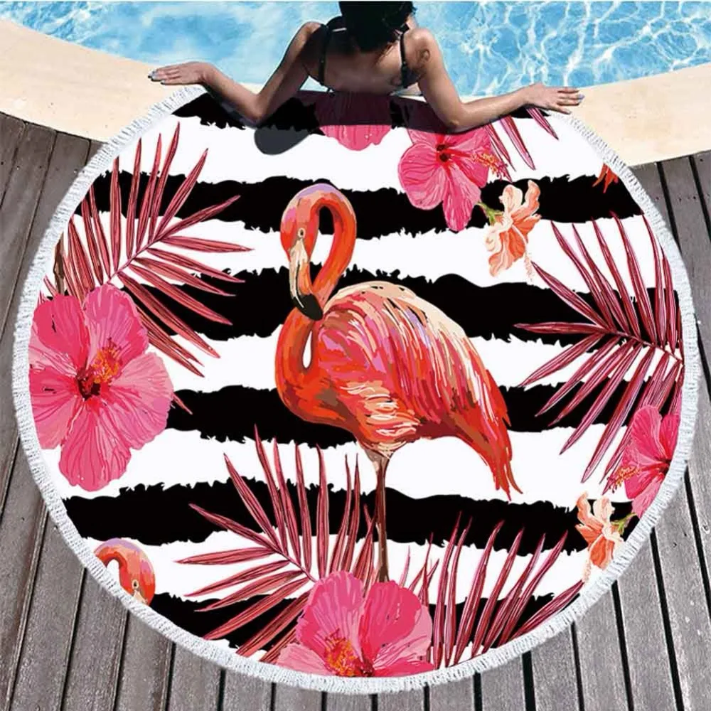Flamingo Pattern Microfiber Round Beach Towel Tippet With Tassel Bohemian Tapestry Large Beach Towels Blanket Picnic Yoga Mat