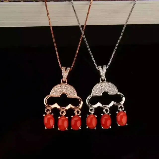 

natural red precious coral pendant S925 silver Natural gemstone Pendant Necklace trendy Elegant Mood lock women fine jewelry