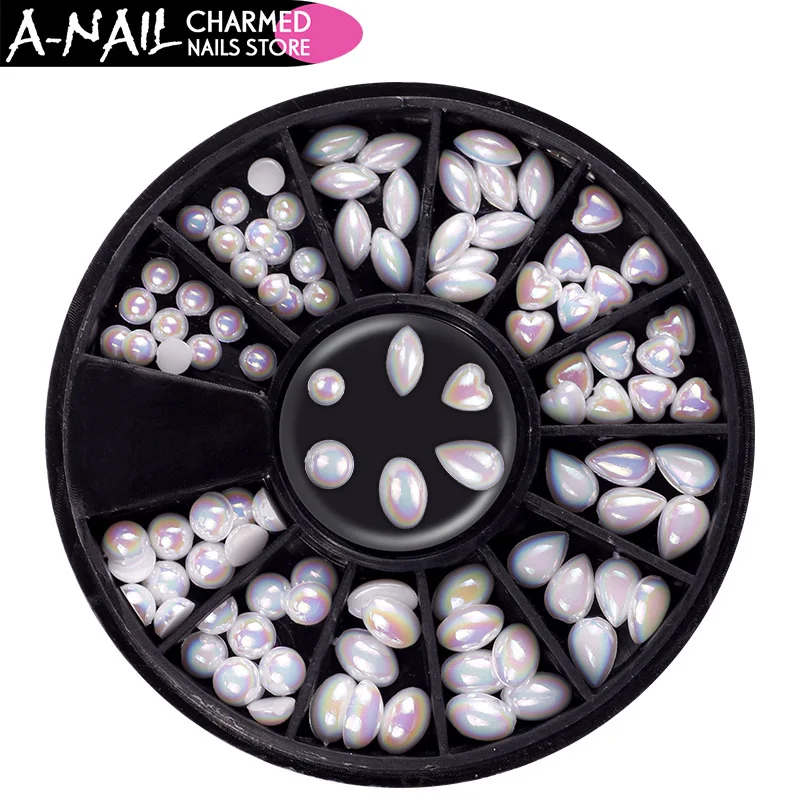 

12 grids/ wheel Semi-circle Flat Bottom Pearl Beads 6 shapes design Nail Rhinestone DIY Manicure 3D Pearl Nail Art Decorations