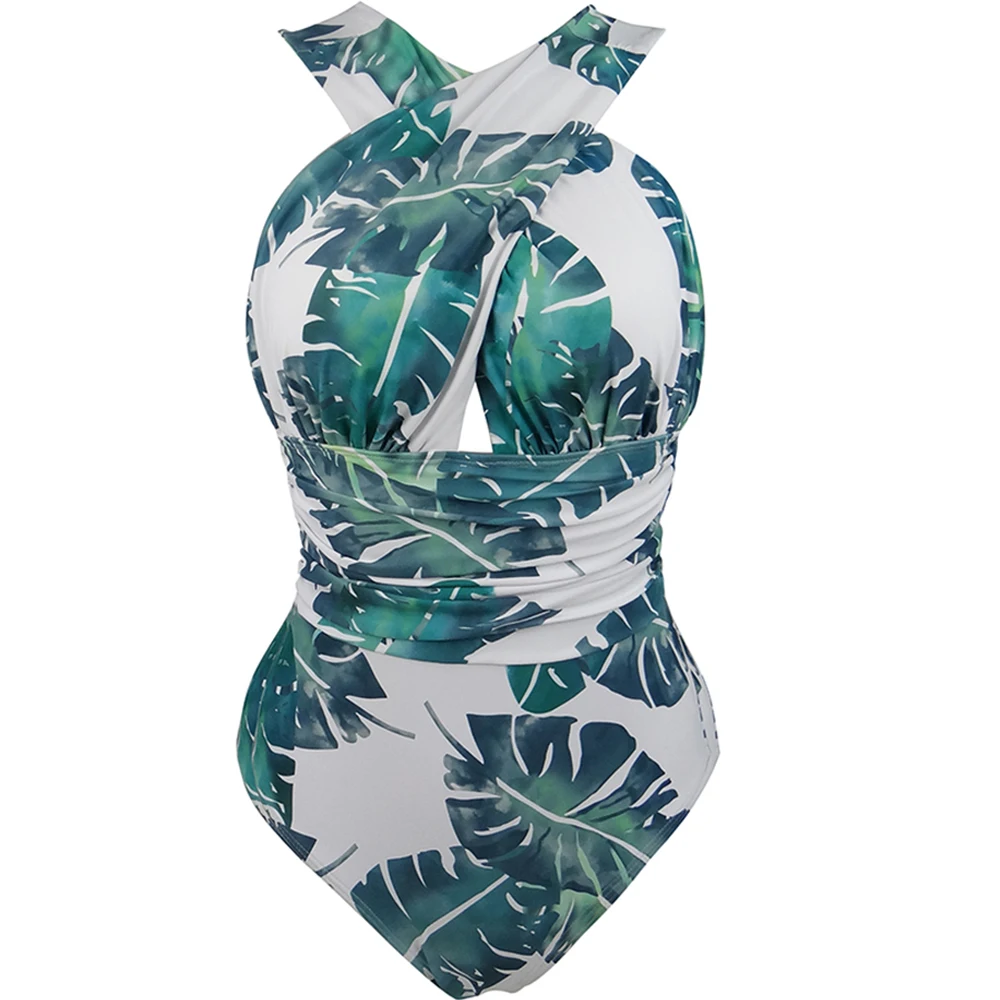 

Women Plus Size Swimwear 5XL Floral Printed Wrap Top One Piece Swimsuit Sexy Cross Front Swimwear Female Bandage Bathing Suit