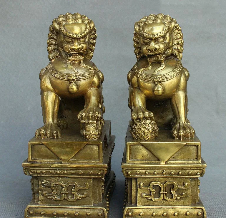 Lucky Chinese Fengshui Pure Brass Guardian Foo Fu Dog Lion Statue Pair