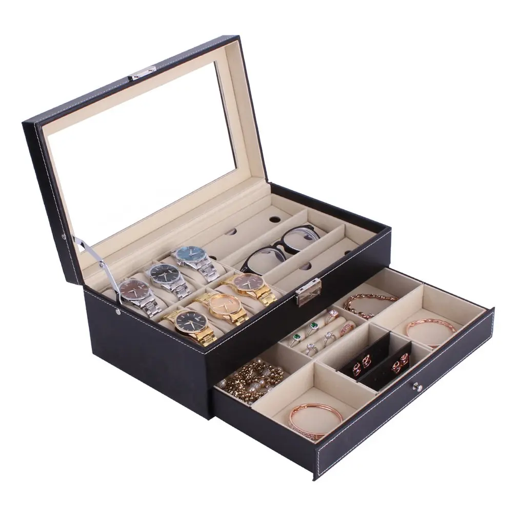 

OUTAD Double Layers 6+3 Grids Watch Glassess Holder PU Leather Watch Box Rings Bracelet Storage Jewelry Display Casket