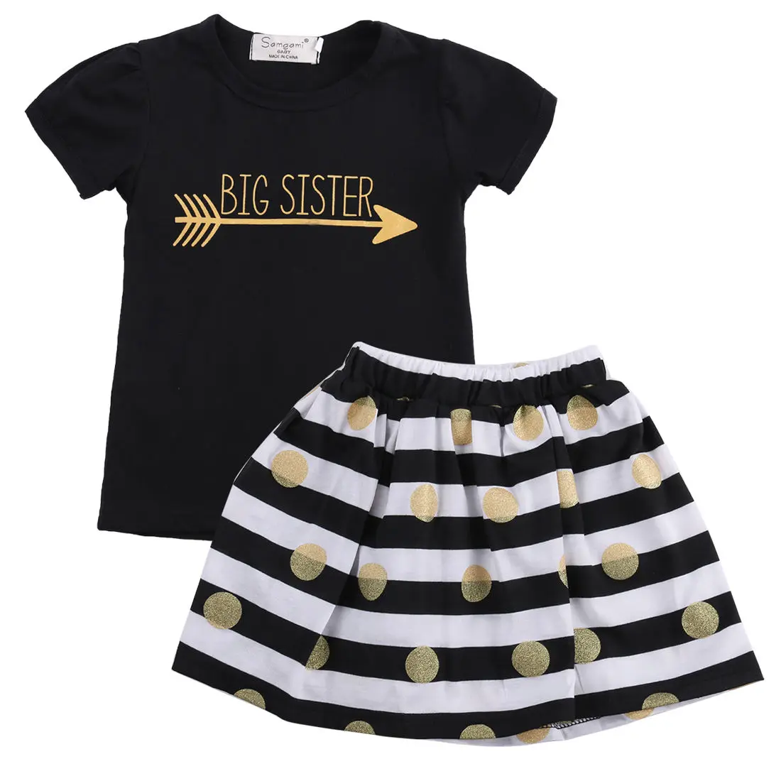 Hot Sell Soft Cotton Toddler Kids Girls Black Tops T Shirt +Striped