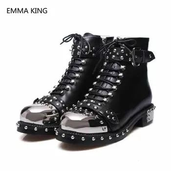 

New Metal Round Toe Ankle Boots Women Rivets Lace Up Black White Leather Shoes Woman Runway Fashion Short Motorcycle Flat Boots