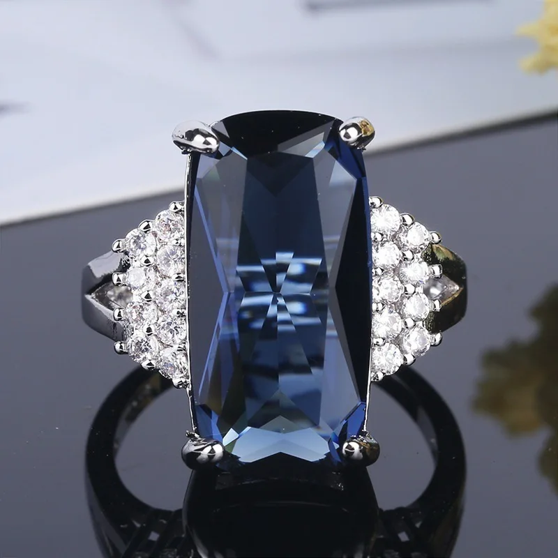 Female Blue Austrian Crystal Princess Cut Stone Wedding Rings For Women Silver Filled Big White Zircon Engagement Jewelry