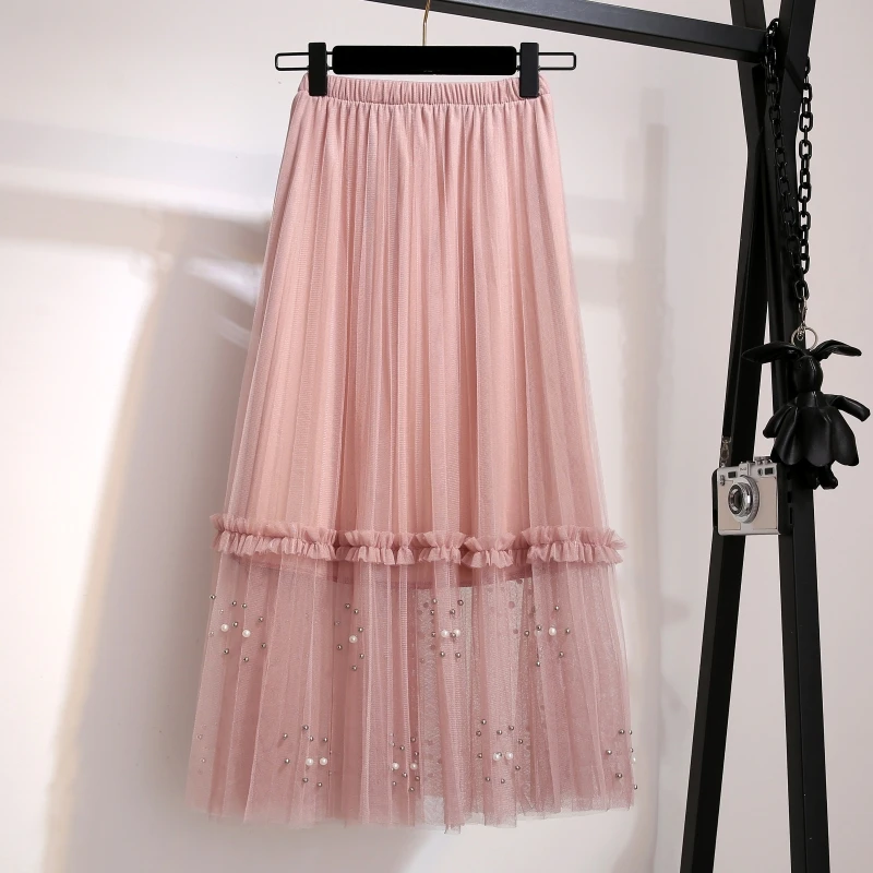 

YICIYA midi tulle mesh skirts pink for girls women midi skirt plus size large beading high waist summer 2019 elegant clothing