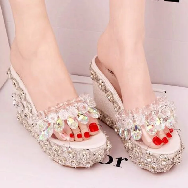Plattform One white Neue Kristall Keile One Hausschuhe Four Sommer Unteren silver Four Two Frauen Die Hohe white Strass white One Pink Ferse Öffnen Sandalen Stroh pink Three Handarbeit Berg Kappe silver Two pink 2019 Three pink 8xdwB11