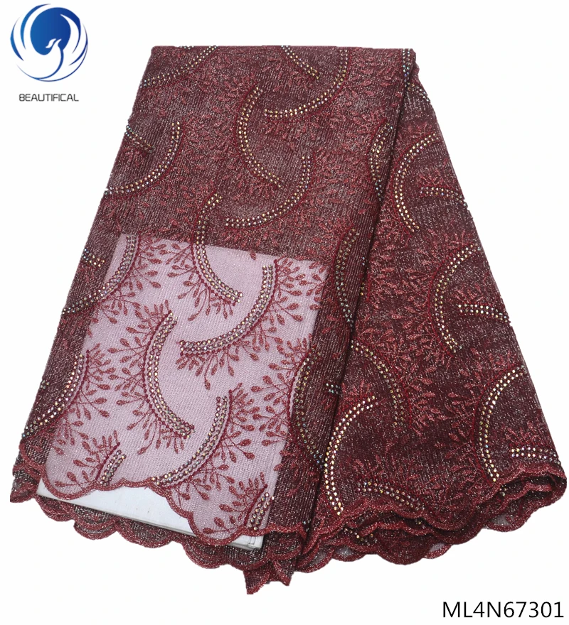 

Beautifical lace fabric embroidered tulle luxury lace fabric wedding fabric rhinestones lace 5yards/piece latest ML4N673