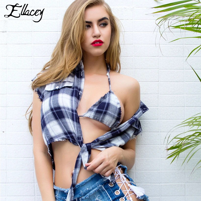 Ellacey Лето 2017 г. короткими рубашка в клетку женские ночной клуб шоу костюмы