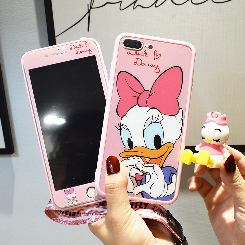 

For iPhone Xsmax /XR stitch daisy back front tempered glass for iPhone 8 7 6 6s plus clear cover 360 full protect +3D toy holder
