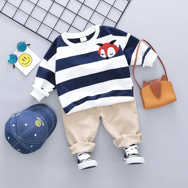 

Baby Girls Striped Cartoon Fox Long Sleeve Hoodies Tops + Casual Pants Kids Two Pieces Suits Children Boys Clothing Sets