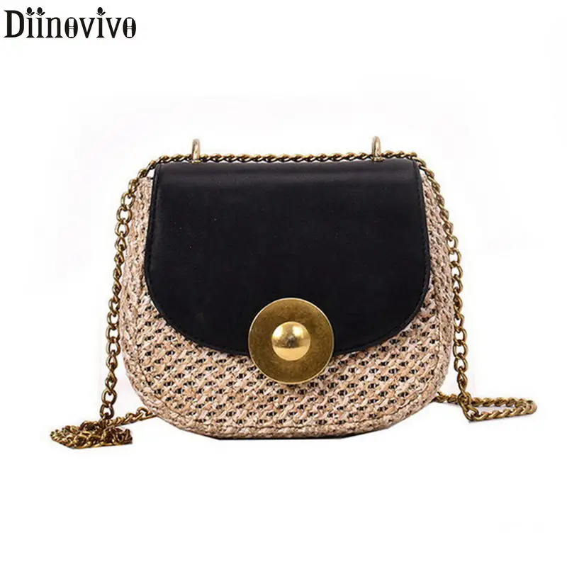 

DIINOVIVO Saddle Crossbody Bags For Women New Small Female Bag PU Leather Patchwork Straw Bag Summer Beach Shoulder Bag WHDV1072