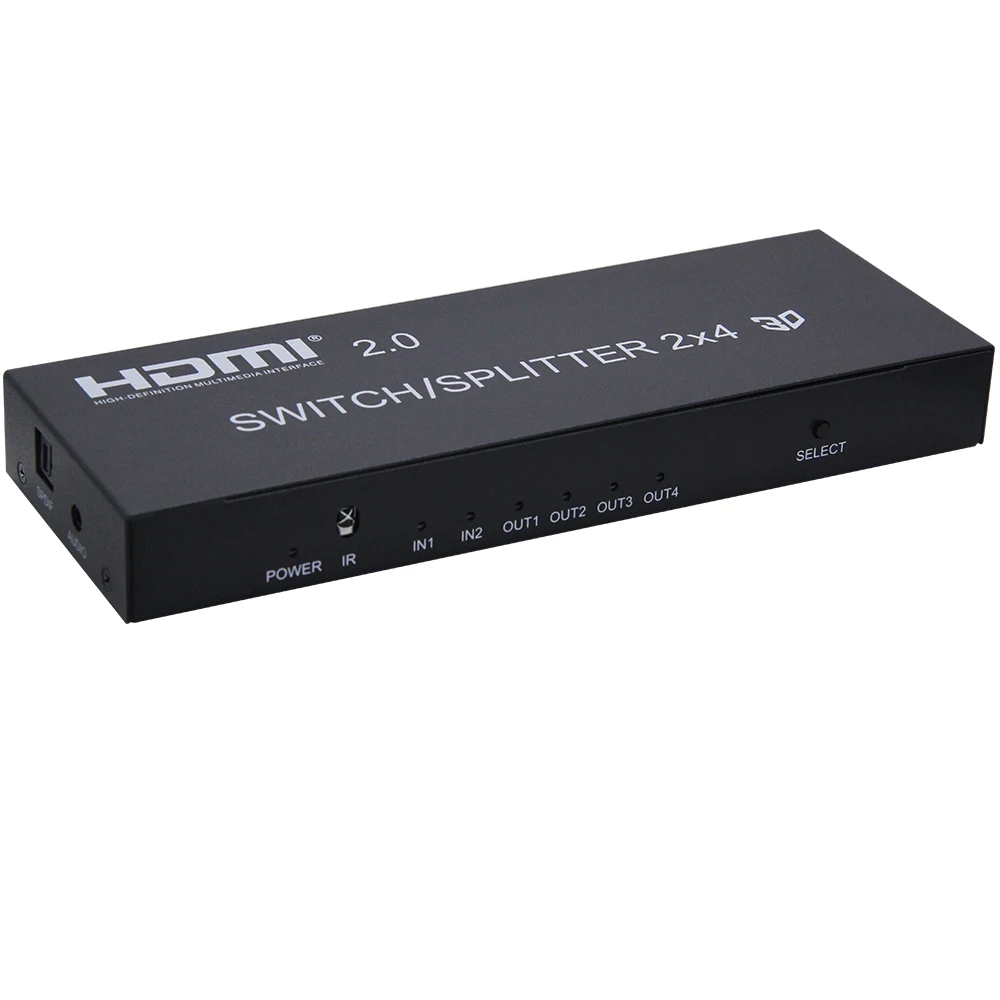 HDMI 2,0 2X4 переключатель делителя с toslink Spdif аудио 3,5 мм 2 в 4 выход 4 k X 2 K с ИК-пультом дистанционного управления и адаптером питания