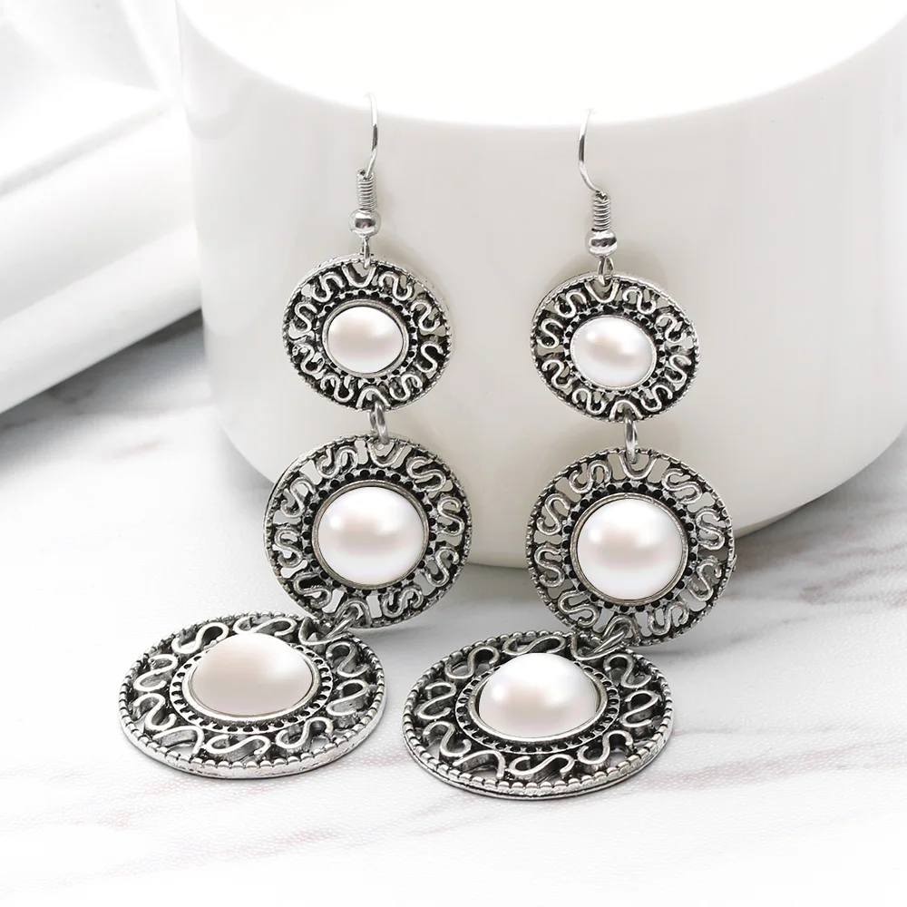 

1 Pair Fashion Elegant Ethnic Style 3 Circle Simulated Pearl Long Tassel Dangle Hook Earrings