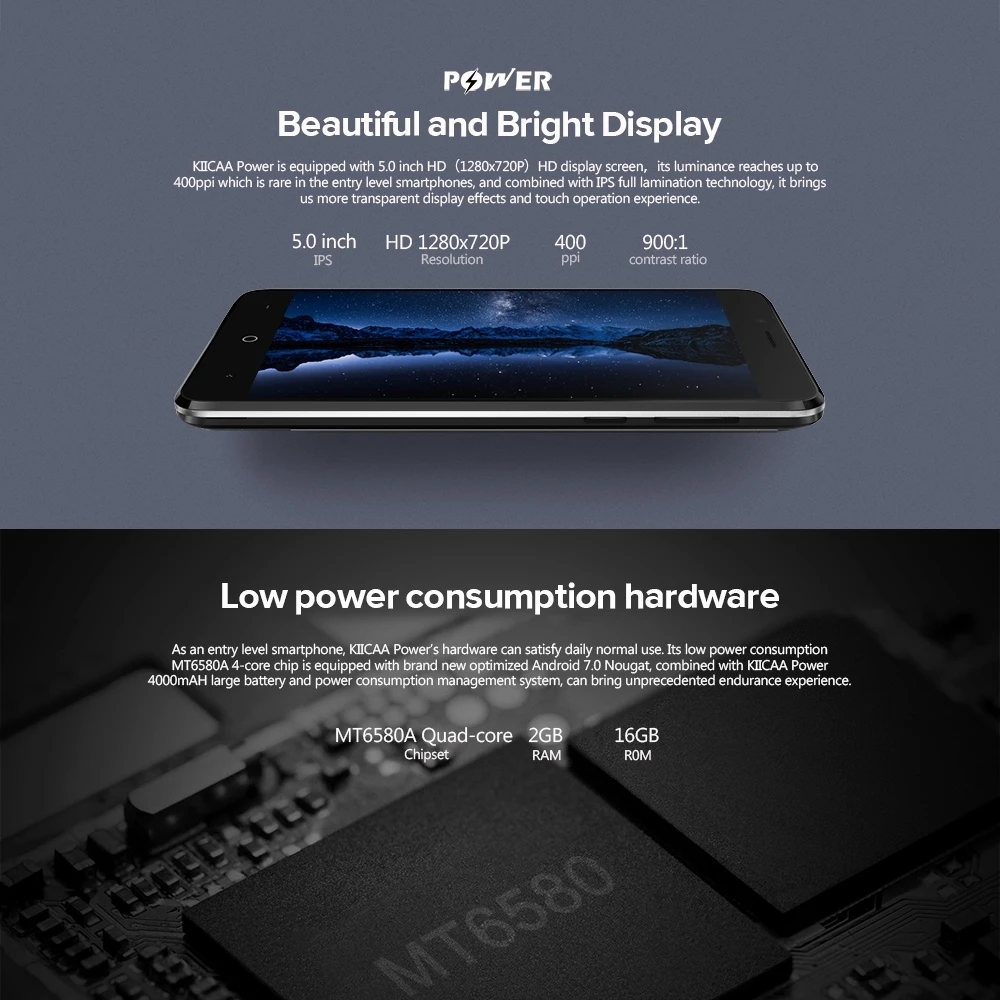 LEAGOO KIICAA POWER Phone Android 7.0 MTK6580A Quad Core 5.0 Inch 2GB RAM 16GB ROM 8MP Dual Rear Cameras Fingerprint Smartphone